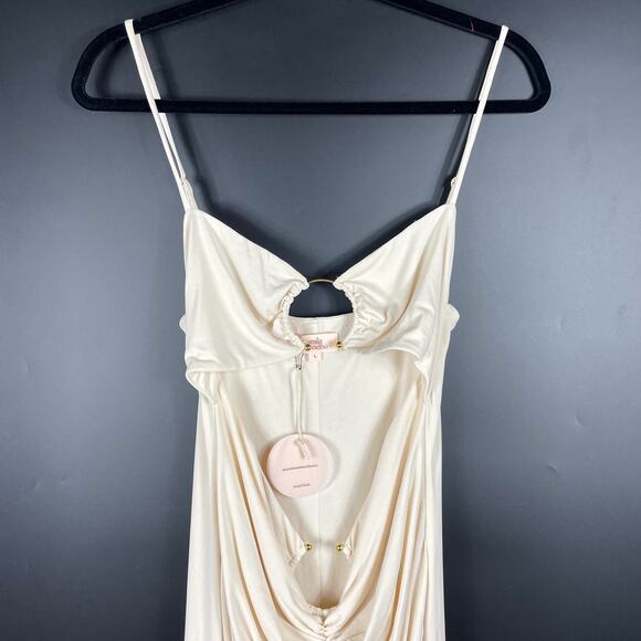 Camila Coelho Yasmeen Midi Dress Cream Jersey Metallic Rings Ruched Sz L - Picture 6 of 10